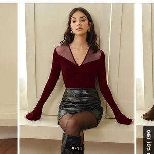 Commense Burgundy Mesh Long Sleeve Blouse